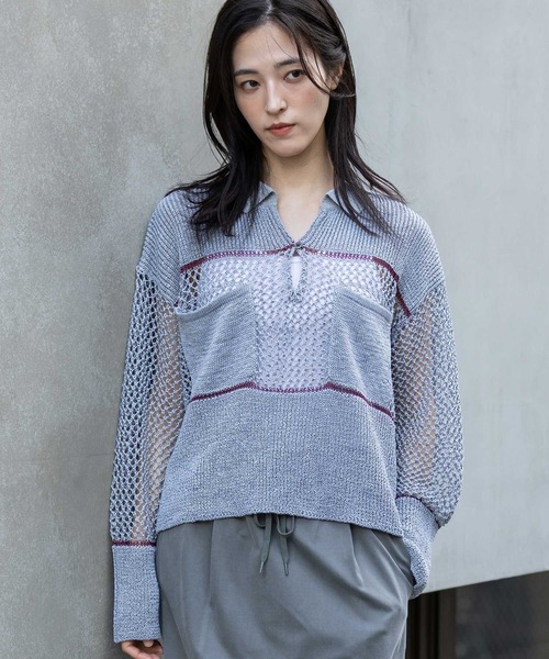 Munich(ミューニック)の「リブ編み×スカシ編みポロニット(ニット/セーター・レディース・グレー/グレイッシュベージュ/ブラック・FREE)」の10枚目の写真