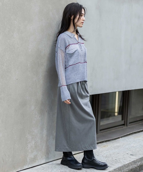 Munich(ミューニック)の「リブ編み×スカシ編みポロニット(ニット/セーター・レディース・グレー/グレイッシュベージュ/ブラック・FREE)」の14枚目の写真