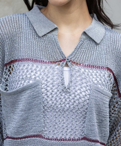 Munich(ミューニック)の「リブ編み×スカシ編みポロニット(ニット/セーター・レディース・グレー/グレイッシュベージュ/ブラック・FREE)」の16枚目の写真