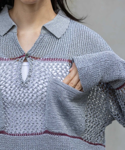 Munich(ミューニック)の「リブ編み×スカシ編みポロニット(ニット/セーター・レディース・グレー/グレイッシュベージュ/ブラック・FREE)」の17枚目の写真