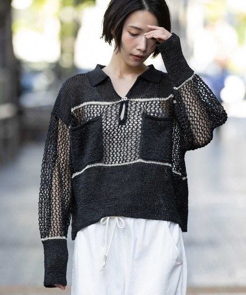 Munich(ミューニック)の「リブ編み×スカシ編みポロニット(ニット/セーター・レディース・グレー/グレイッシュベージュ/ブラック・FREE)」の21枚目の写真