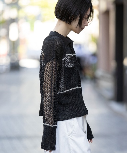 Munich(ミューニック)の「リブ編み×スカシ編みポロニット(ニット/セーター・レディース・グレー/グレイッシュベージュ/ブラック・FREE)」の22枚目の写真