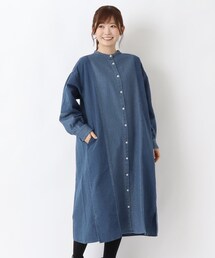 デニム袖切替え 前開きワンピース