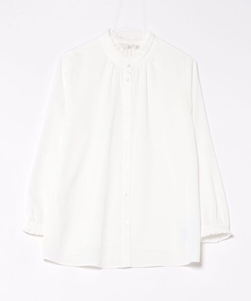 m.f.editorial（エムエフエディトリアル）の「【ストレッチ イージーケア UVカット】バンドカラーフリル 長袖ブラウス（シャツ/ブラウス・レディース・ライトグレー/アイボリー・MEDIUM/LARGE）」の4枚目の写真