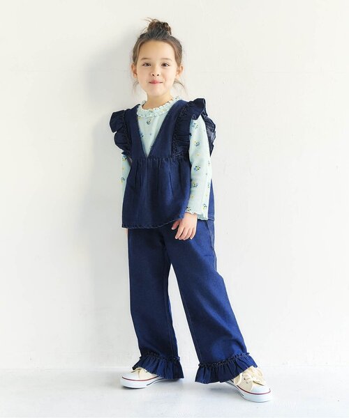 apres les cours（アプレレクール）の「【セットアップ】リボンフリルベスト&フリルパンツ2Pセット（セットアップ・キッズ・ドット/インディゴブルー・140/130/120/110/100/90/80）」の2枚目の写真