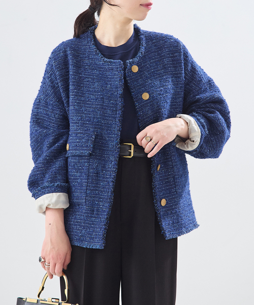 journal standard L'essage（ジャーナルスタンダードレサージュ）の「【一部店舗＆WEB限定】GIOLICATWEED ドルマンジャケット 2（ノーカラージャケット・レディース・ブルー系その他/モカ・FREE）」の2枚目の写真