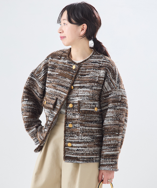 journal standard L'essage（ジャーナルスタンダードレサージュ）の「【一部店舗＆WEB限定】GIOLICATWEED ドルマンジャケット 2（ノーカラージャケット・レディース・ブルー系その他/モカ・FREE）」の6枚目の写真