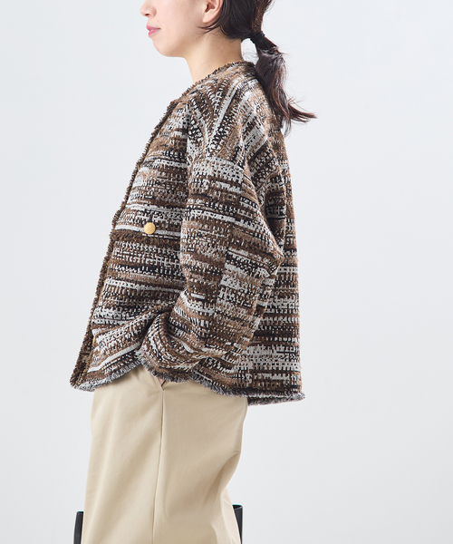 journal standard L'essage（ジャーナルスタンダードレサージュ）の「【一部店舗＆WEB限定】GIOLICATWEED ドルマンジャケット 2（ノーカラージャケット・レディース・ブルー系その他/モカ・FREE）」の7枚目の写真