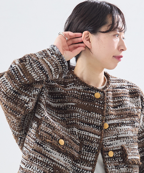 journal standard L'essage（ジャーナルスタンダードレサージュ）の「【一部店舗＆WEB限定】GIOLICATWEED ドルマンジャケット 2（ノーカラージャケット・レディース・ブルー系その他/モカ・FREE）」の9枚目の写真