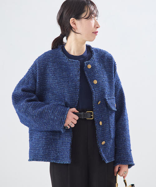 journal standard L'essage（ジャーナルスタンダードレサージュ）の「【一部店舗＆WEB限定】GIOLICATWEED ドルマンジャケット 2（ノーカラージャケット・レディース・ブルー系その他/モカ・FREE）」の13枚目の写真