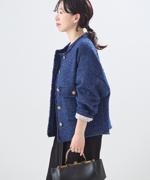 journal standard L'essage（ジャーナルスタンダードレサージュ）の「【一部店舗＆WEB限定】GIOLICATWEED ドルマンジャケット 2（ノーカラージャケット・レディース・ブルー系その他/モカ・FREE）」の14枚目の写真