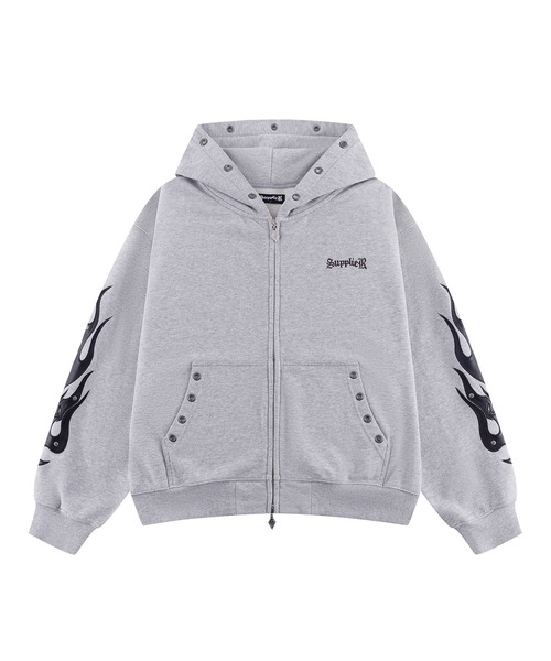 SUPPLIER(サプライヤー)の「ジップフーディ|Fire Tribal Leather Patch Zip Hoodie|SUPPLIER(パーカー・メンズ・グレー/ブラック・LARGE/X-LARGE/SMALL/MEDIUM/XX-LARGE)」の2枚目の写真