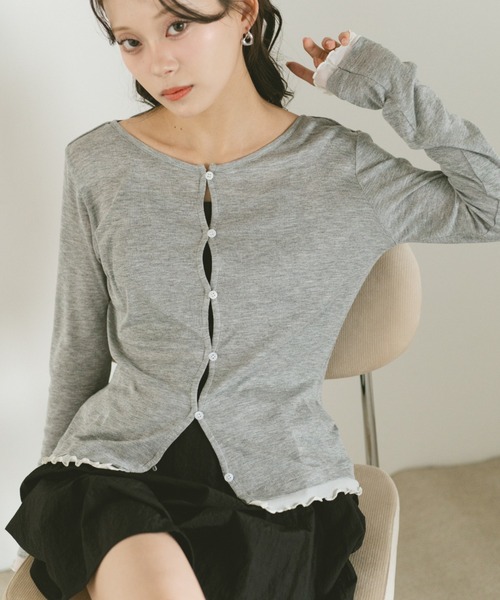 VANNIE U(ヴァニーユー)の「バイカラーメロウドッキングトップス/カーディガン/前後2WAY(Tシャツ/カットソー・レディース・グレー/ブラック/アイボリー・FREE)」の1枚目の写真