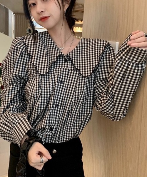 SHOUYO(ショウヨウ)の「ギンガムチェック ビッグフリル衿 長袖ブラウス(シャツ/ブラウス・レディース・ブラック・M)」の13枚目の写真