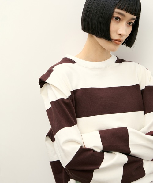 PHEENY(フィーニー)の「【PHEENY(フィーニー)】別注 Heavy weight border tucked sleeve(Tシャツ/カットソー・レディース・ネイビー/ボルドー・FREE)」の5枚目の写真