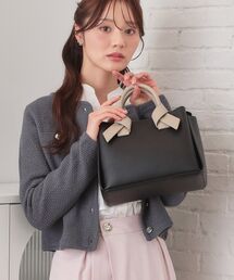 【2WAY】バイカラーリボンハンドル合皮ミドルトートバッグ