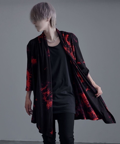 Bernings Sho(バーニングショー)の「『Bernings Sho/バーニングショー』ムラ染め天竺ドレープ7分袖カーディガン(カーディガン/ボレロ・メンズ・ブラック/ブラック×レッド/ホワイト・XL/L/M)」の3枚目の写真