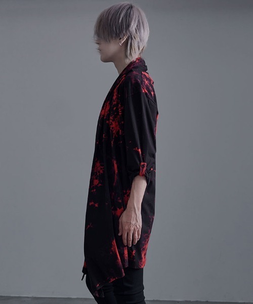 Bernings Sho(バーニングショー)の「『Bernings Sho/バーニングショー』ムラ染め天竺ドレープ7分袖カーディガン(カーディガン/ボレロ・メンズ・ブラック/ブラック×レッド/ホワイト・XL/L/M)」の9枚目の写真