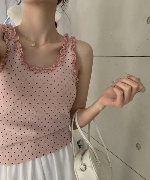 pyornim(ピョルニム)の「ドット柄 フリルデザイン サマーニット タンクトップ(タンクトップ・レディース・ピンク/ブラック/グレー/ホワイト・F)」の12枚目の写真