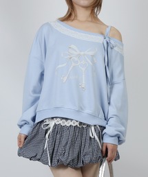 HOOK for girls リボンプリントアシンメトリーショルダーショート丈スウェット