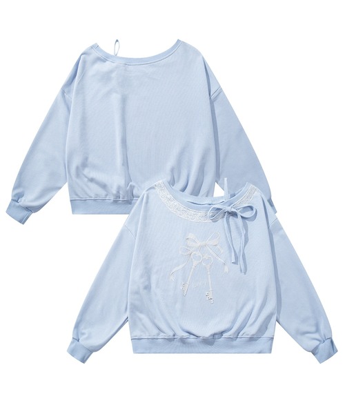 HOOK（フック）の「HOOK for girls　リボンプリントアシンメトリーショルダーショート丈スウェット（スウェット・レディース・ブルー・S/M/L）」の2枚目の写真