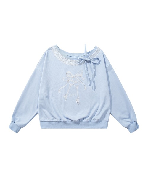 HOOK（フック）の「HOOK for girls　リボンプリントアシンメトリーショルダーショート丈スウェット（スウェット・レディース・ブルー・S/M/L）」の4枚目の写真