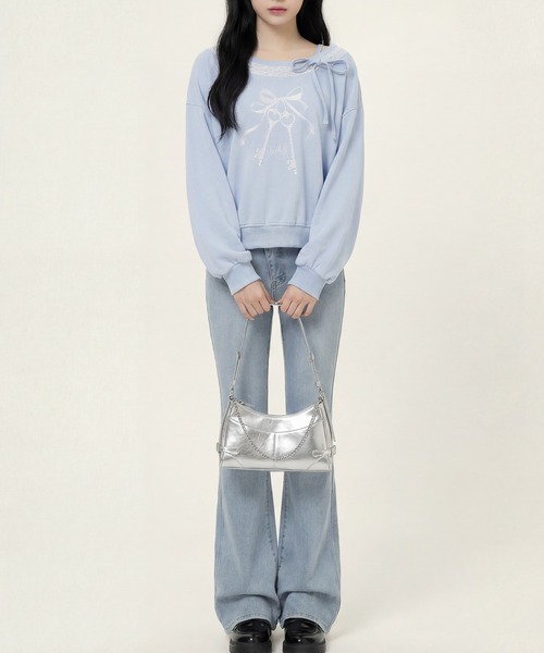 HOOK（フック）の「HOOK for girls　リボンプリントアシンメトリーショルダーショート丈スウェット（スウェット・レディース・ブルー・S/M/L）」の18枚目の写真