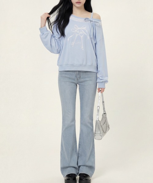 HOOK（フック）の「HOOK for girls　リボンプリントアシンメトリーショルダーショート丈スウェット（スウェット・レディース・ブルー・S/M/L）」の14枚目の写真