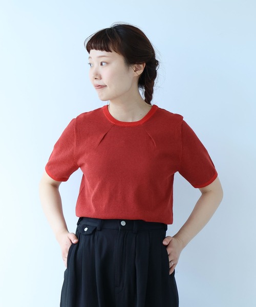 bulle de savon(ビュルデサボン)の「コットン/ポリエステル ボーダー ニットTシャツ(ニット/セーター・レディース・ブルー/ブラック/グリーン/レッド/ピンク・FREE)」の5枚目の写真