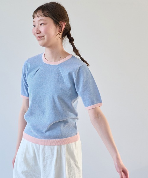 bulle de savon(ビュルデサボン)の「コットン/ポリエステル ボーダー ニットTシャツ(ニット/セーター・レディース・ブルー/ブラック/グリーン/レッド/ピンク・FREE)」の4枚目の写真