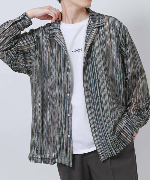 ITEMS URBANRESEARCH(アイテムズ アーバンリサーチ)の「マルチストライプレースオープンカラーシャツ(シャツ/ブラウス・メンズ・ブルー/ブラック/グリーン・LARGE/MEDIUM)」の2枚目の写真