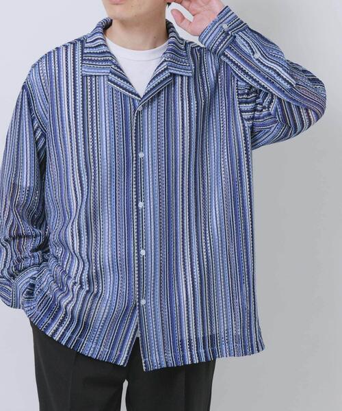 ITEMS URBANRESEARCH(アイテムズ アーバンリサーチ)の「マルチストライプレースオープンカラーシャツ(シャツ/ブラウス・メンズ・ブルー/ブラック/グリーン・LARGE/MEDIUM)」の4枚目の写真