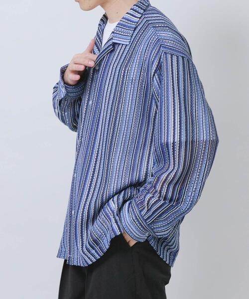ITEMS URBANRESEARCH(アイテムズ アーバンリサーチ)の「マルチストライプレースオープンカラーシャツ(シャツ/ブラウス・メンズ・ブルー/ブラック/グリーン・LARGE/MEDIUM)」の5枚目の写真