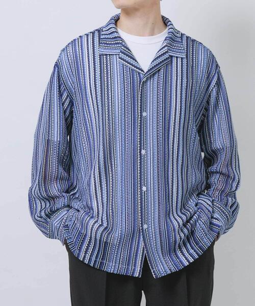 ITEMS URBANRESEARCH(アイテムズ アーバンリサーチ)の「マルチストライプレースオープンカラーシャツ(シャツ/ブラウス・メンズ・ブルー/ブラック/グリーン・LARGE/MEDIUM)」の7枚目の写真