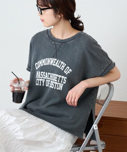 CIAOPANIC TYPY(チャオパニックティピー)の「アシッド加工裏毛フレンチスリーブロゴトップス(Tシャツ/カットソー・レディース・サックスブルー/チャコールグレー/グレー・ONE SIZE)」の2枚目の写真