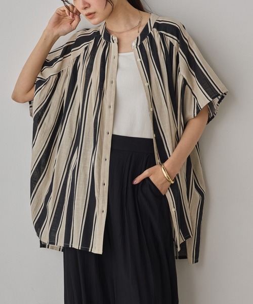 Noia(ノイア)の「コットンスラブ ストライプブラウス(シャツ/ブラウス・レディース・ブラック系その他/ブラウン系その他/グリーン系その他・FREE)」の1枚目の写真
