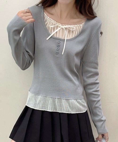 Alvia(アルビア)の「リボンレイヤード風 トップス(ニット/セーター・レディース・グレー/ブラック・M)」の4枚目の写真