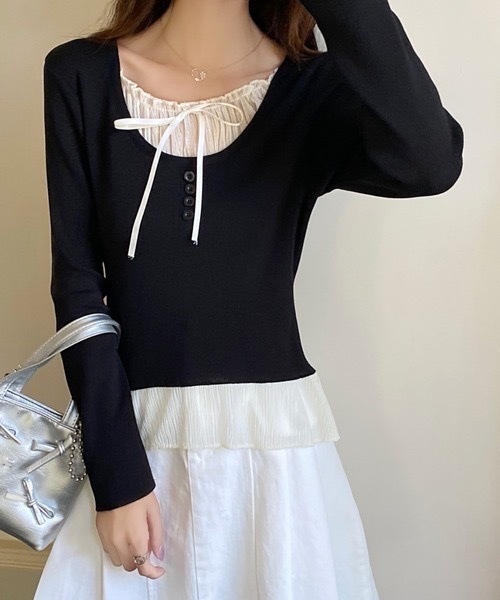 Alvia(アルビア)の「リボンレイヤード風 トップス(ニット/セーター・レディース・グレー/ブラック・M)」の10枚目の写真