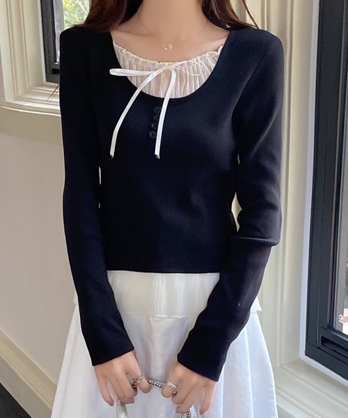 Alvia(アルビア)の「リボンレイヤード風 トップス(ニット/セーター・レディース・グレー/ブラック・M)」の11枚目の写真