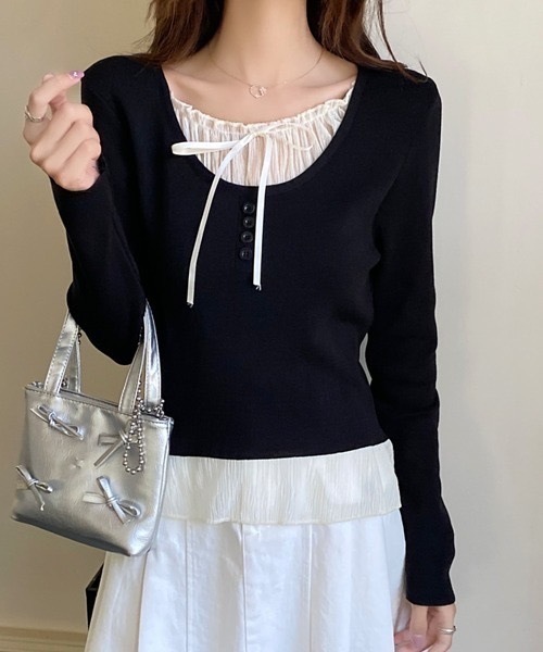 Alvia(アルビア)の「リボンレイヤード風 トップス(ニット/セーター・レディース・グレー/ブラック・M)」の12枚目の写真
