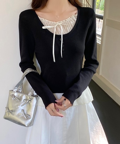 Alvia(アルビア)の「リボンレイヤード風 トップス(ニット/セーター・レディース・グレー/ブラック・M)」の13枚目の写真