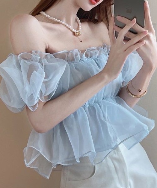 deux amour（ドゥーザムール）の「オフショルダーフェアリーオーガンジー半袖トップス（その他トップス・レディース・ホワイト/ピンク/ブルー・FREE）」の3枚目の写真