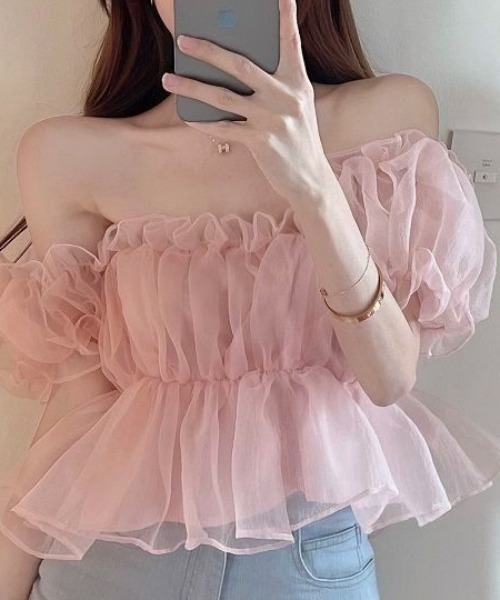 deux amour（ドゥーザムール）の「オフショルダーフェアリーオーガンジー半袖トップス（その他トップス・レディース・ホワイト/ピンク/ブルー・FREE）」の15枚目の写真