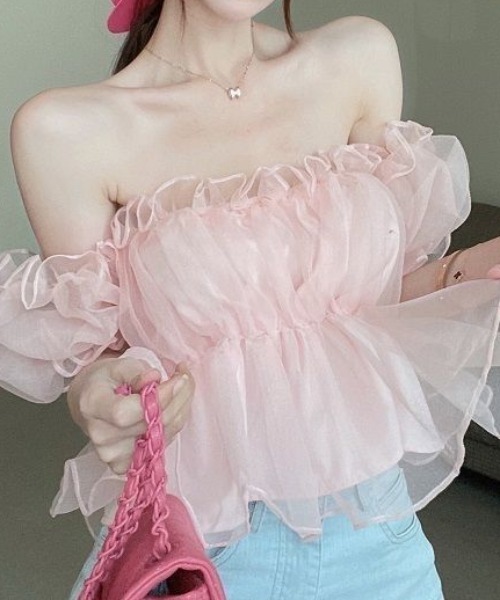 deux amour（ドゥーザムール）の「オフショルダーフェアリーオーガンジー半袖トップス（その他トップス・レディース・ホワイト/ピンク/ブルー・FREE）」の16枚目の写真