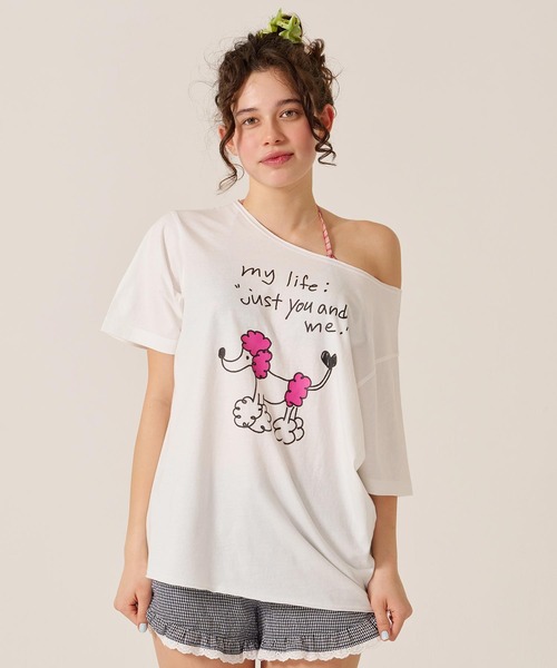 TINA：JOJUN（ティーナジョジュン）の「オリジナル プリント オフショル Tシャツ TINA：JOJUN（Tシャツ/カットソー・レディース・ピンク/ホワイト・M）」の5枚目の写真