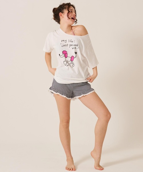 TINA：JOJUN（ティーナジョジュン）の「オリジナル プリント オフショル Tシャツ TINA：JOJUN（Tシャツ/カットソー・レディース・ピンク/ホワイト・M）」の7枚目の写真