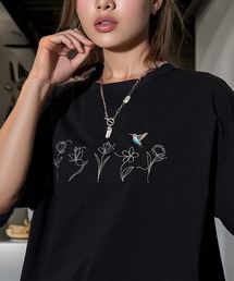 Candlestick（キャンドルスティック）の「ハミングバード モノフラワー 刺繍 ワイドシルエット 裾ドロスト ストレッチ 半袖Tシャツ（Tシャツ/カットソー）」