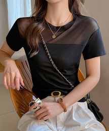 【新作登場】カットソー レディース トップス Tシャツ リブTシャツ 半袖 クルーネック ドッキング