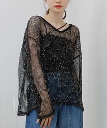 Vネックメッシュプルオーバー