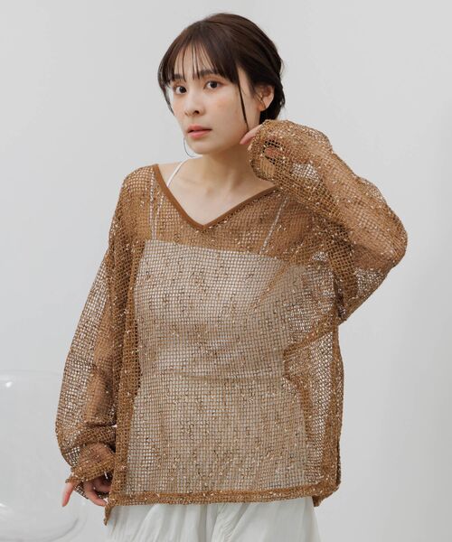 RETRO GIRL(レトロガール)の「Vネックメッシュプルオーバー(Tシャツ/カットソー・レディース・ベージュ/ブルー/ブラック・FREE)」の19枚目の写真